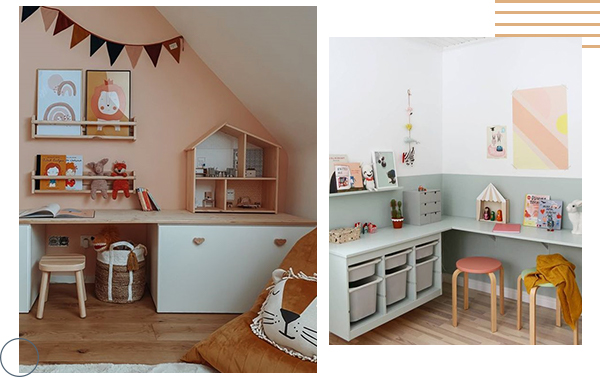 aménagement espace bureau dans chambre enfant avec planche en bois fixé au mur ou posé sur des caissons